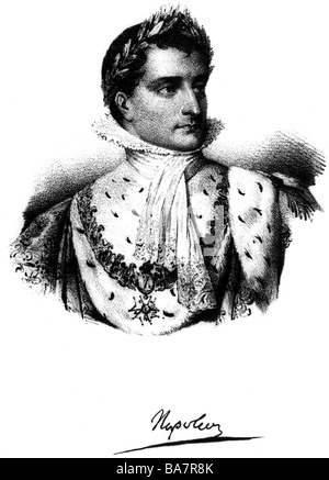 Napoleone i, 15.8.1769 - 5.5. 1821, imperatore dei francesi 2.12.1804 - 22.6.1815, incisione in legno, 19th secolo, ritratto, in regalia di incoronazione, litografia di Francois Delpeche, circa 1805, Foto Stock