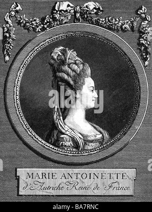 Maria Antonietta, 2.11.1755 - 16.10.1793, regina consorte di Francia 10.5.1774 - 21.9.1792, ritratto, vista laterale nel telaio, incisione su rame da Marie Boizot, dopo il disegno da L. S. Boizot, 1783, artista del diritto d'autore non deve essere cancellata Foto Stock