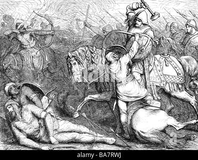 Charles Martel ('il martello'), circa 689 - 22.10.741, Sindaco Frankish del palazzo, sconfiggendo gli arabi nella battaglia di Tours, 732, incisione del legno, 19th secolo, , Foto Stock