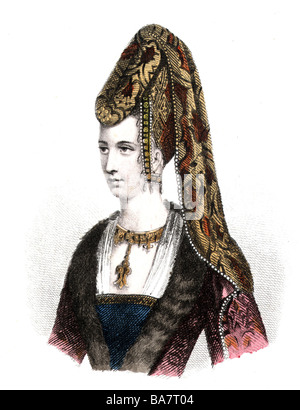 Isabeau di Baviera, 1371 - 29.9.1435, Queen Consort di Francia dal 1385, moglie di Carlo VI di Francia, ritratto, incisione colorata dopo immagine contemporanea, 19th secolo, Foto Stock