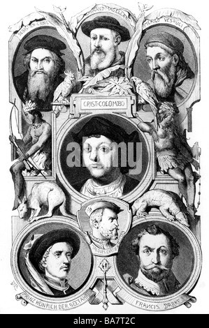 Columbus, Christopher, 1451 - 20.5.1506, italiano explorer, ritratto (centro), con Sebastian Cabot, Magellan, Amerigo Vespucci, Jacques Cartier, Henry The Navigator, Francis Drake, incisione in legno dopo disegno di L. Burger, Foto Stock