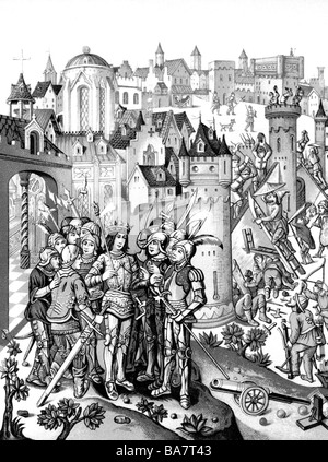 Carlo VI 'il Mad', 3.12.1368 - 21.10.1422, re di Francia 1380 - 1422, assediante una città difesa dai Burgundi, cromolithograph dopo miniatura dal 'Chroniques' di Monstrelet, circa 1500, Bibliotheque Ambroise Firmin-Didot, Foto Stock