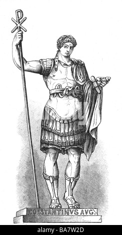 Costantino i 'il Grande' (Flavio Valerio Constantinus) circa 280 - 2.5.337 d.C., imperatore romano 306 - 337 d.C., a lunghezza intera, incisione in legno, 19th secolo, dopo l'antica statua, San Giovanni in Laterano, Roma, Foto Stock