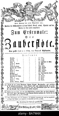 Mozart, Wolfgang Amadeus, 27.1.1756 - 5.12.1791, musicista austriaco (compositore), opera "il flauto magico", annuncio di prima a Vienna, 30.9.1791, Foto Stock