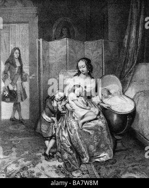 Maintenon, Francoise d' Augigne, Marquise de, 27.11.1635 - 15.4.1719, signora della corte francese, con i suoi figli, litografia di Challamel, 19th secolo, , Foto Stock