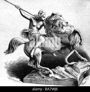 Amazzoni, figure mitologiche greche, 'Riding Amazon Fighting with Panther', a lunghezza intera, incisione in legno dopo la scultura di August Riss (1802 - 1865), , Foto Stock