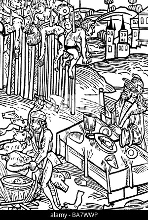 Vlad III l'Impalatore, 7.12.1431 - dicembre 1476, Principe di Wallachia, guardando le esecuzioni mentre mangiava, legno tagliato, circa 1500, Foto Stock