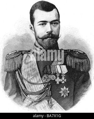 Nicola II Alexandrovich, 6.5.1868 - 16.7.1918, Imperatore di Russia 21.10.1894 - 2.3.1917, ritratto, incisione in legno, 19th secolo, , Foto Stock