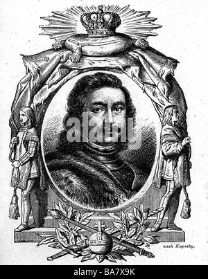 Peter i Alexeyevich 'il Grande', 9.6.1672 - 8.2.1725, imperatore di Russia 27.4.1682 - 8.2.1725, ritratto, incisione in legno, 19th secolo, , Foto Stock