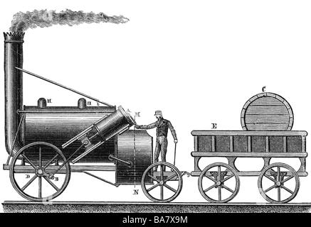 Trasporto / trasporto, ferrovia, locomotive, locomotiva a vapore, 'il razzo', George Stephenson, 1829, incisione in legno, 19th secolo, , Foto Stock