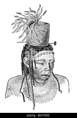 Schweinfurth, Georg, 29.12.1836 - 19.9.1925, botanico tedesco, viaggiatore in Africa, il suo disegno 'Ein Stutzer der Niamniam' (UN Nyam-Nyam beau), Foto Stock