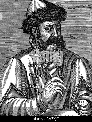 Gutenberg, Johannes Gensfleisch zur Laden zum, circa 1400 - 3.2.1468, orafo e tipografo tedesco, a mezza lunghezza, taglio di legno, 1584, Foto Stock