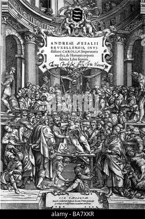 Vesalius, Andreas, 31.12.1514 - 15.10.1564, medico olandese, opere, pagina del titolo da 'Sul tessuto del corpo umano in sette libri', woodcut, Bruxelles, 1543, Foto Stock