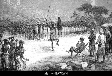 Stanley, Henry Morton (John Rowlands), 28.1.1841 - 10.5.1904, british Africa explorer, scena, guardando la danza dei guerrieri nativi, incisione del legno, dal suo conto 'In Africa Più Oscura', volume 1, 1890, Foto Stock