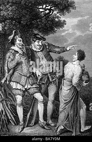Shakespeare, William, 23.4.1564 - 23.4.1616, poeta inglese, opere, "La Tempesta" (1611), atto 2, scena 2, Caliban, Trinculo e Stephano, incisione su rame da Antoine-Jean-Baptiste Coupé, 12,9 x 8,3 cm, 1a metà del XIX secolo, l'artista del diritto d'autore non deve essere cancellata Foto Stock