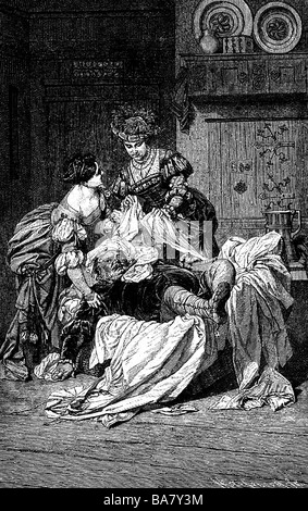 Shakespeare, William, 23.4.1564 - 23.3.4.1616, poeta inglese, opere, scena dal suo gioco 'Le Mogli di Windsor', incisione in legno di H. Lessow, 19th secolo, Foto Stock