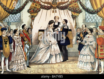 Frederick III, 18.10.1831 - 15.6.1888, imperatore tedesco 9.3.1888 - 15.6.1888, matrimonio della principessa Victoria di Gran Bretagna, cerimonia nuziale, cappella di San Giacomo Palace, Londra, 25.1.1858, Foto Stock