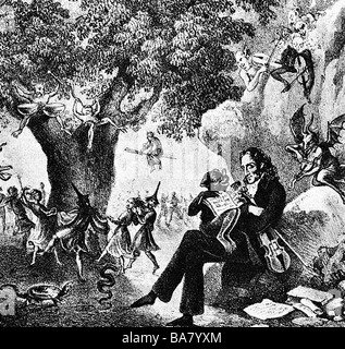Paganini, Niccolo, 27.10.1782 - 27.5.1840, musicista italiano (violinista), caricatura, il diavolo insegnandogli a suonare il violino mentre dormiva, disegnando, Vienna, circa 1830, , Foto Stock