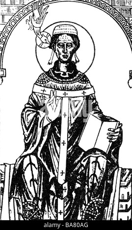 Gregorio i 'il Grande' (Anicius Gregorius), circa 540 - 12.3.604, papa 3.9.590 - 12.3.604, a tutta lunghezza, seduto, dopo la Cronaca di Anglosaxon, 10th secolo, , Foto Stock