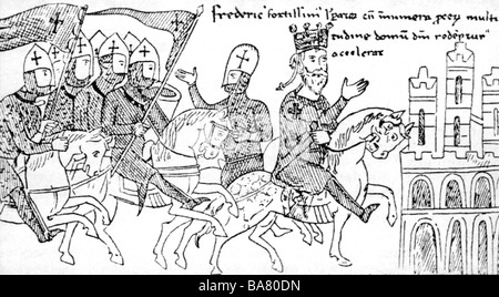 Federico i 'Barbarossa', circa 1122 - 10,6.1190, Re di Germania, Sacro Romano Imperatore 18.6.1155 - 10,6.1190, a mezza lunghezza, durante la crociata in Terra Santa, 1189/1190, disegnando dopo miniatura, 13th secolo, Foto Stock