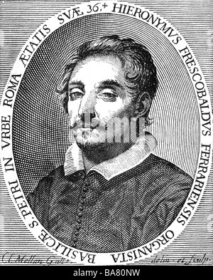 Frescobaldi, Girolamo, 9.9.1583 - 1.3.1643, compositore italiano, organista, ritratto, dopo una contemporanea incisione su rame di Mellan, secolo XVII, , artista del diritto d'autore non deve essere cancellata Foto Stock