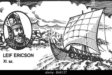 Ericson, Leif, circa 970 - circa 1020, Norse explorer, navigatore, ritratto, ovale, vichingo longboat, woodcut, Foto Stock