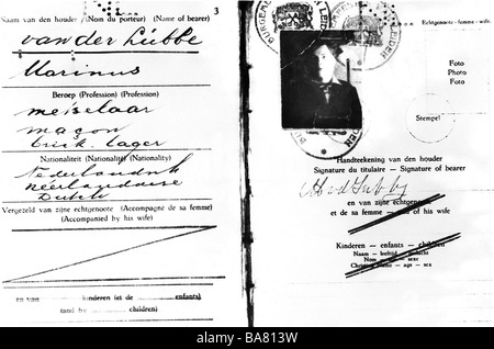 Lubbe, Marinus van der, 13.1.1909 - 10.1.1934, comunista olandese, fuoco raiser nel Reichstag 1933, il suo passaporto, Foto Stock