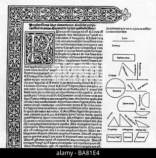 Euclid, circa 165 - 300 a.C., matematico greco, "Padre della geometria", opera sugli elementi, il testo e gli schizzi, prima edizione europea stampata, 1482, Foto Stock