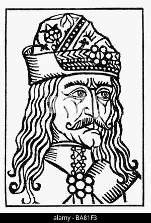 Vlad III Tepesch, circa 1431 - 1476, Principe di Wallachia dal 1448, ritratto, legno Foto Stock