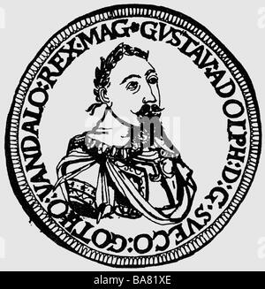 Gustavus Adolphus, 19.12.1594 - 16.11.1632, re di Svezia 30.10.1611 - 16.11.1632, ritratto, moneta, Taler, 1632, disegno, 20th secolo, , Foto Stock