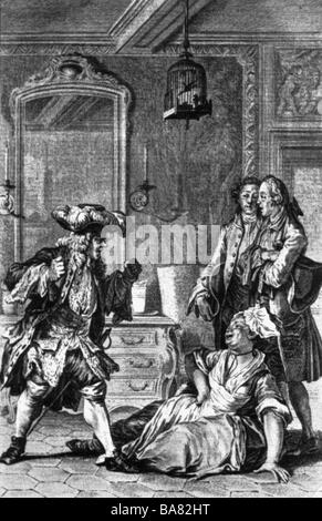 Moliere, 15.1.1622 - 17.2.1673, autore francese / scrittore, opere, 'Il Borghese gentlemen', 1670, scena, incisione su rame, secolo XVII, artista del diritto d'autore non deve essere cancellata Foto Stock