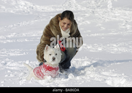 Donna con Westhighland White Terrier cane nella neve Foto Stock