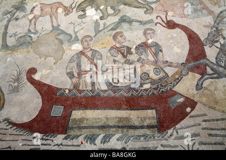 I mosaici romani della nave a vela in Villa del Casale di Piazza Armerina, SICILIA, ITALIA Foto Stock