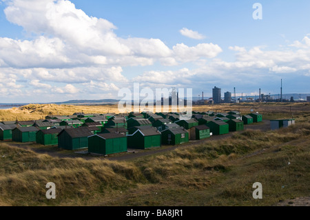 Fisherman's capanne e acciaierie, Paddy's foro, Redcar, Teesside Foto Stock