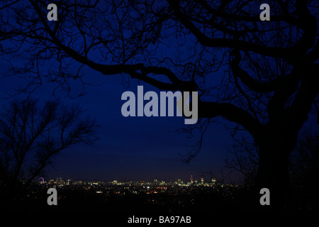Vista del centro di Londra al tramonto da One Tree Hill, Onore Oak, London, Regno Unito Foto Stock