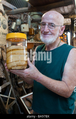 Arthur il proprietario che mostra un re serpente marrone in un vaso bottiglia House Lightning Ridge Nuovo Galles del Sud Australia Foto Stock