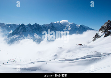 Flegere ski resort con il Mont Blanc in background, Chamonix, Francia Foto Stock