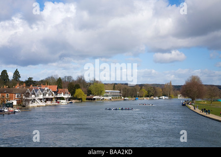 I rematori in barche di canottaggio sul fiume Tamigi in primavera a Henley-on-Thames Oxfordshire England Regno Unito Regno Unito GB Gran Bretagna Foto Stock