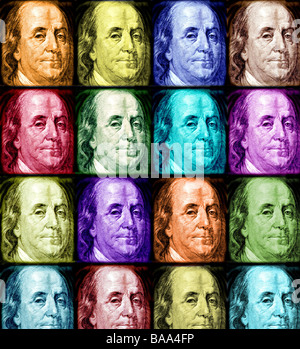 Benjamin Franklin il volto di un centinaio di dollari in sedici quadrati nd vari colori a riflettere il cambiamento dell'economia Foto Stock