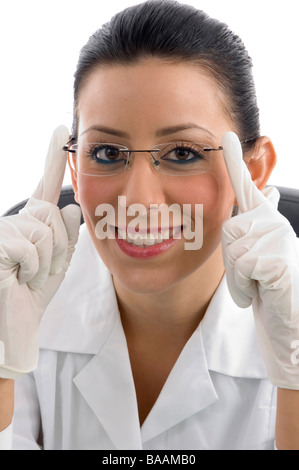 Ritratto di medico sorridente con i guanti Foto Stock