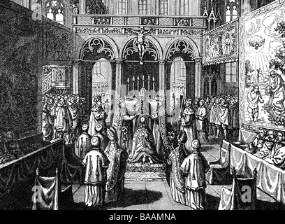 Ferdinando II, 9.9.1578 - 15.2 1637, Imperatore del Sacro Romano Impero e mezza lunghezza, incoronazione come imperatore, di Francoforte sul Meno, dopo la contemporanea incisione su rame, XVI secolo, artista del diritto d'autore non deve essere cancellata Foto Stock