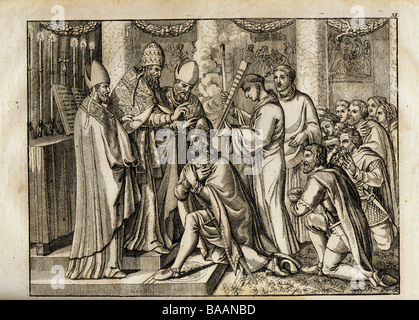 Carlo Magno, 2.4.742 - 28.1.814, imperatore romano 25.12.800 - 28.1.814, re dei Franchi 9.10.768 - 28.1.814, incoronazione a Imperatore a Roma, "la corona di Carlo Magno', incisione su rame di Joseph Fuchs, 'Vorzeit und Gegenwart', Augsburg, 1832, , artista del diritto d'autore non deve essere cancellata Foto Stock