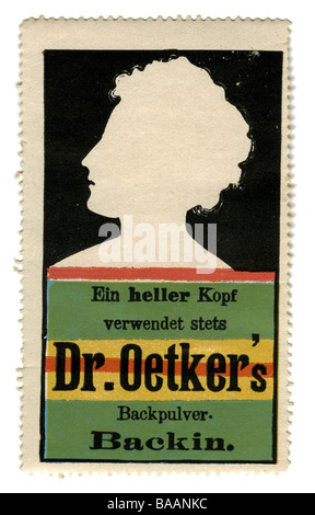 Pubblicità, francobolli, 'D.r. Backpulver Backin di Oetker, Germania, circa 1910, Foto Stock