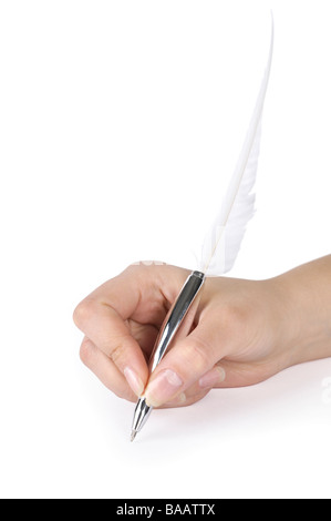 Donna scrivere con una penna del cappello Foto Stock