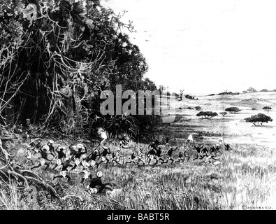 Stanley, Henry Morton (nato: John Rowlands), 28.1.1841 - 10.5.1904, british Africa explorer, scena della sua spedizione in Congo, 4.12.1887, incisione di G. Montbard, Foto Stock