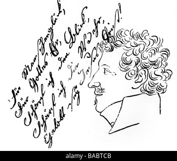 Motte Fouquet, Friedrich de la, 12.2.1777 - 23.1.1843, autore/scrittore tedesco, autoritratto, manoscritto di Ferdinand von Schrötter, Foto Stock