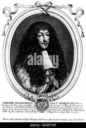 Philip I, 21.9.1640 - 9.6.1701, duca d'Orleans 1661 - 1701, ritratto, incisione su rame da L' Armessin, 1663, , artista del diritto d'autore non deve essere cancellata Foto Stock
