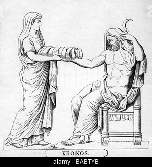 Cronus, dio greco, a tutta lunghezza, sua sorella e moglie Rhea consegnandogli un figlio (o una pietra invece di Zeus) per divorare, disegnare, 19th secolo, dopo antica immagine, Foto Stock