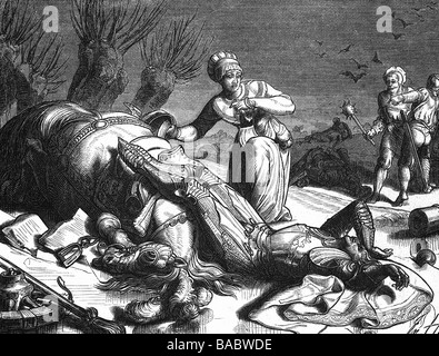 Charles 'The Bold', 10.11.1433 - 5.1.1477, Duca di Borgogna 15.6.1467 - 5.1.1477, morte, il suo corpo sul campo di battaglia di Nancy, incisione in legno, 19th secolo, , Foto Stock