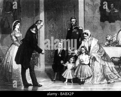 William i, 22.3.1797 - 9.3.1888, imperatore tedesco 18.1.1871 - 9.3.1888, con famiglia al suo compleanno, 22.3.1866, incisione in legno, 1866, , Foto Stock